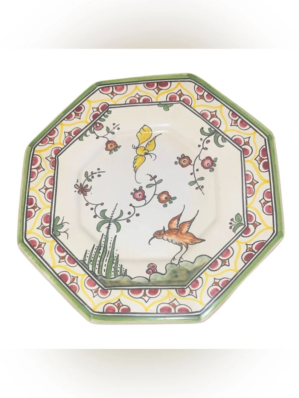 Vintage Portuguese Coimbra Style Octagonal Plate Hand Painted